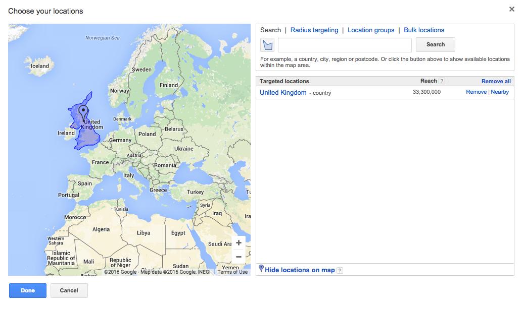 Google AdWords location targeting advanced settings
