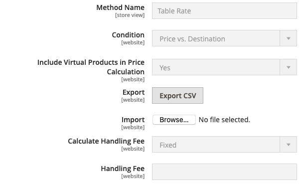 magento 2 table rates import and export